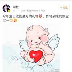 阿杜老婆怀孕将迎猴宝宝 微博宣布喜讯
